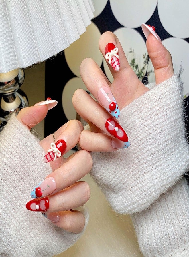 CTTHNBD Medium Press on Nails Almond - Handmade Fake Nails with 3D Bow Cherry Design - Red Full Cover Glue on False Nails for Women - (Size M) - Image 3